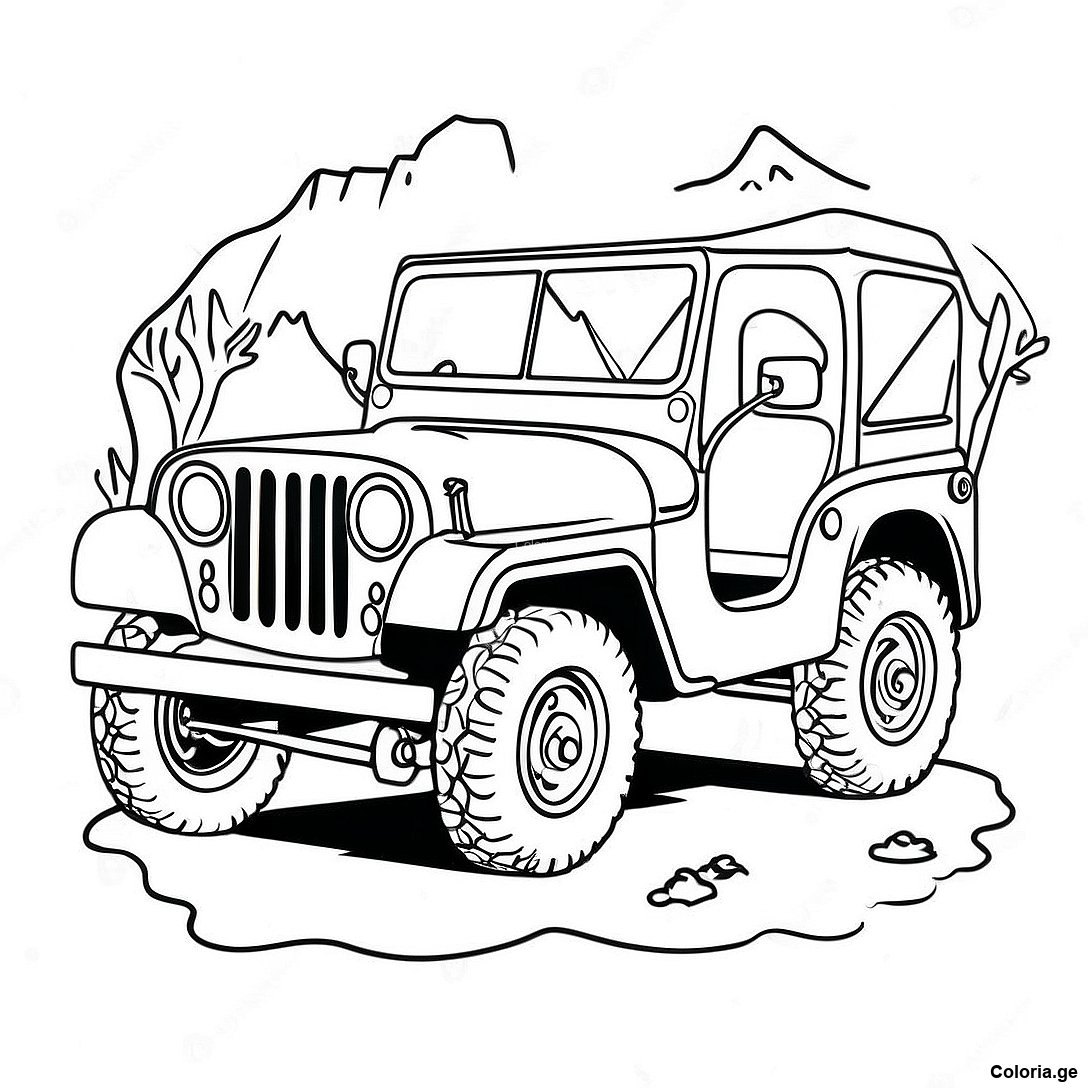 Page à colorier Aventure En Jeep Vintage Page À Colorier imprimable gratuitement de la collection Voitures — dessin en noir et blanc pour enfants et adultes.