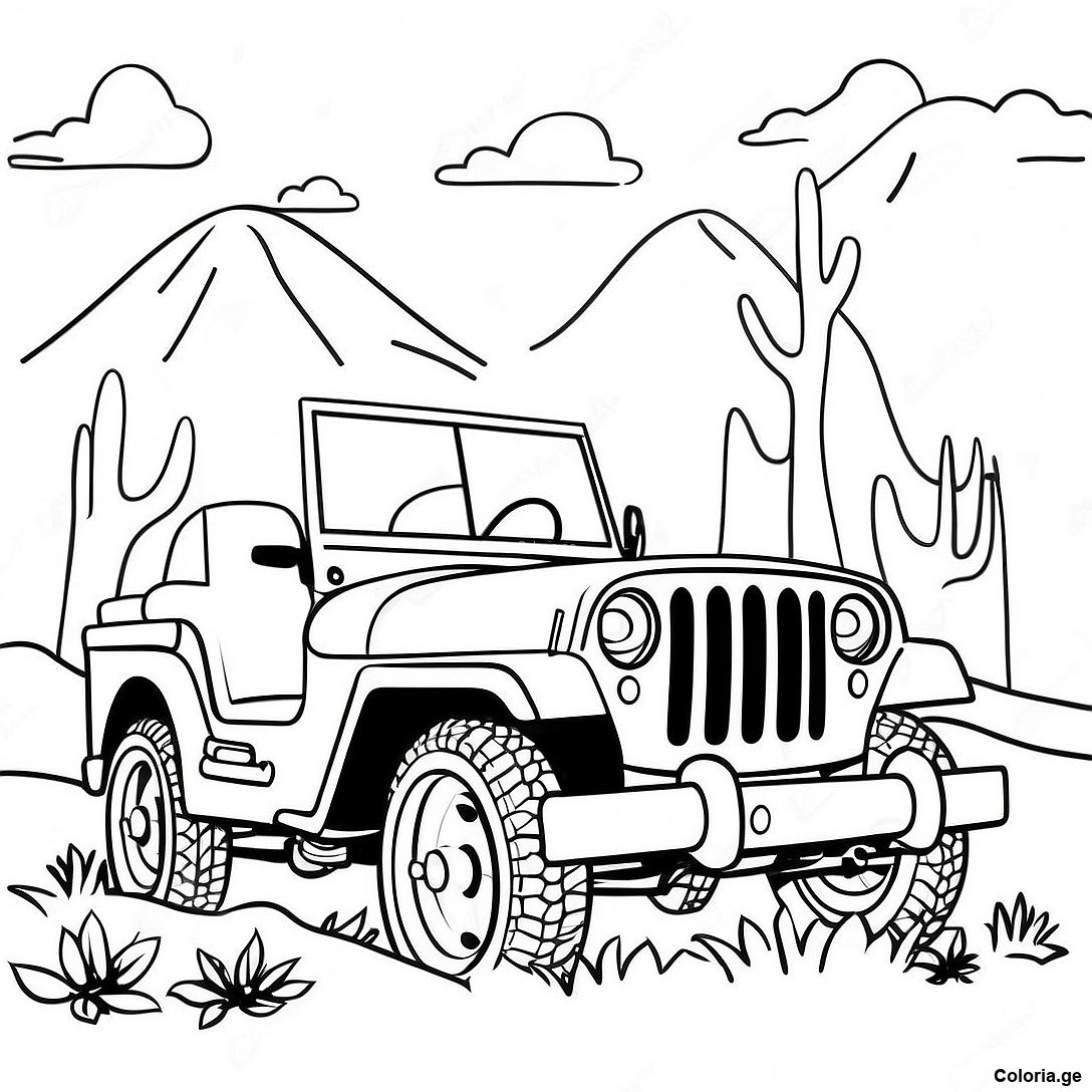 Page à colorier Aventure En Jeep Vintage Page À Colorier imprimable gratuitement de la collection Voitures — dessin en noir et blanc pour enfants et adultes.