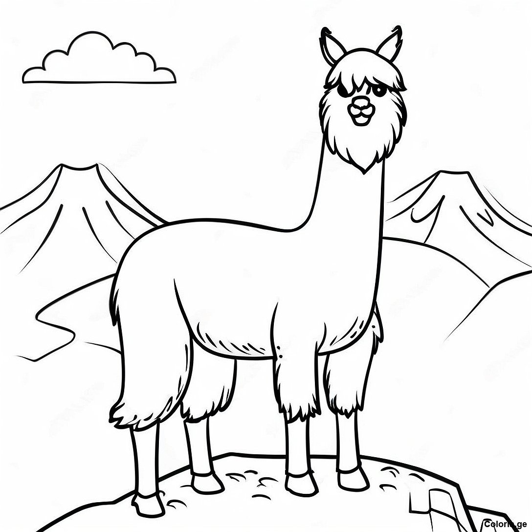 Page à colorier Lama Majestueux Sur Une Page À Colorier De Montagne imprimable gratuitement de la collection Animaux — dessin en noir et blanc pour enfants et adultes.