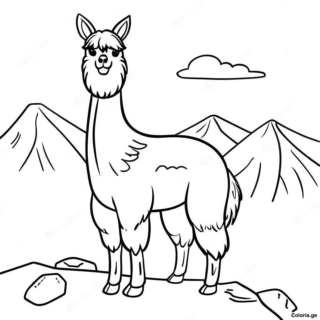 Page à colorier Lama Majestueux Sur Une Page À Colorier De Montagne imprimable gratuitement de la collection Animaux — dessin en noir et blanc pour enfants et adultes.