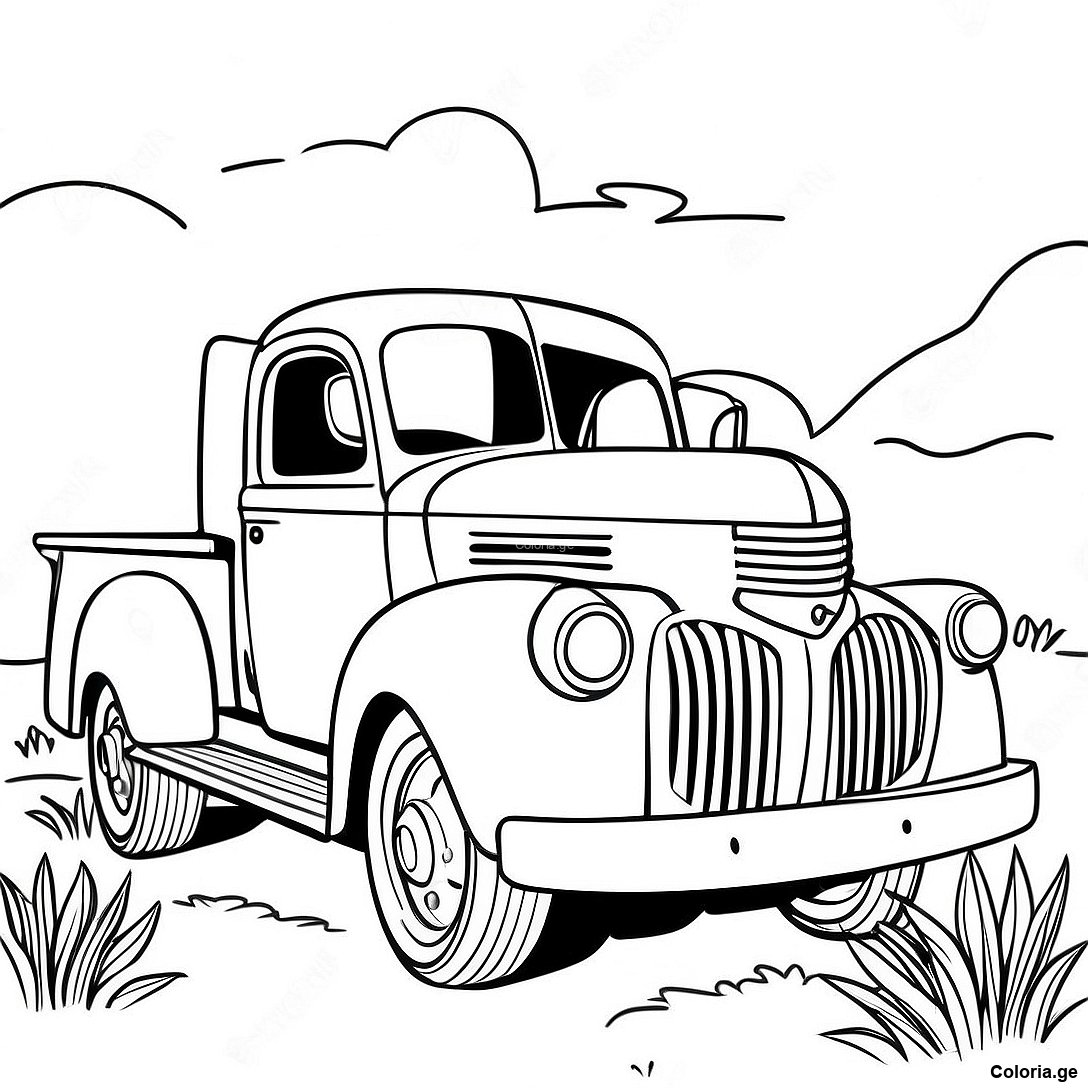 Page à colorier Page À Colorier Camion Vintage imprimable gratuitement de la collection Voitures — dessin en noir et blanc pour enfants et adultes.