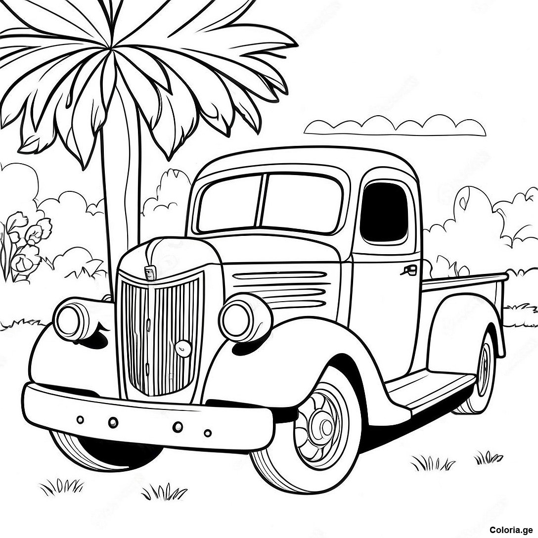 Page à colorier Page À Colorier Camion Vintage imprimable gratuitement de la collection Voitures — dessin en noir et blanc pour enfants et adultes.