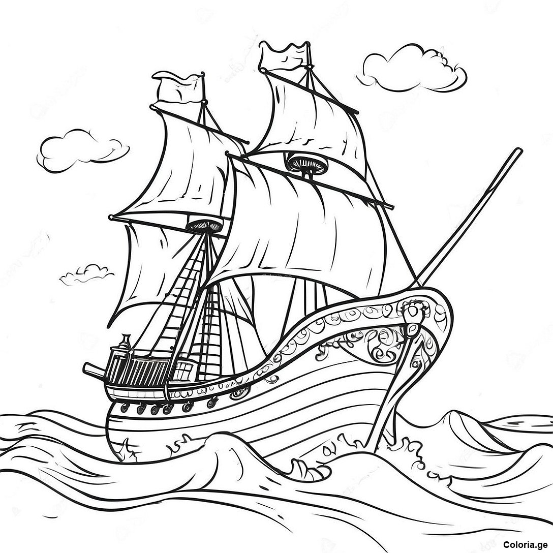 Page à colorier Page À Colorier De Bateau Pirate Vintage Dans Des Mers Orageuses imprimable gratuitement de la collection Machines — dessin en noir et blanc pour enfants et adultes.