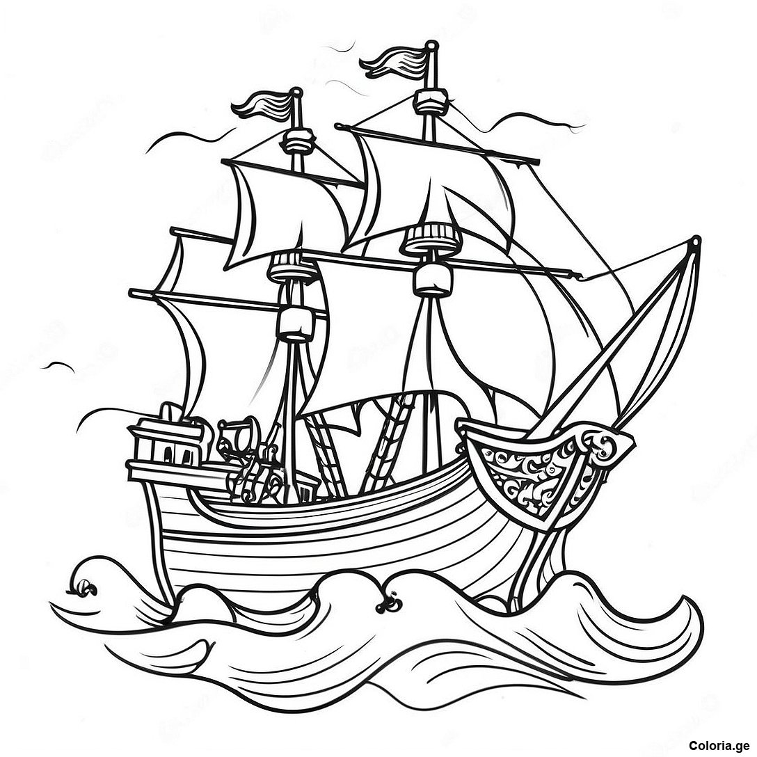 Page à colorier Page À Colorier De Bateau Pirate Vintage Dans Des Mers Orageuses imprimable gratuitement de la collection Machines — dessin en noir et blanc pour enfants et adultes.