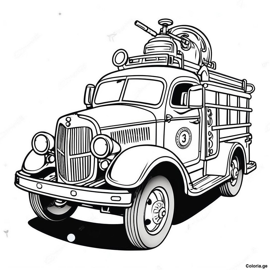 Page à colorier Page À Colorier De Camion De Pompier Vintage imprimable gratuitement de la collection Machines — dessin en noir et blanc pour enfants et adultes.