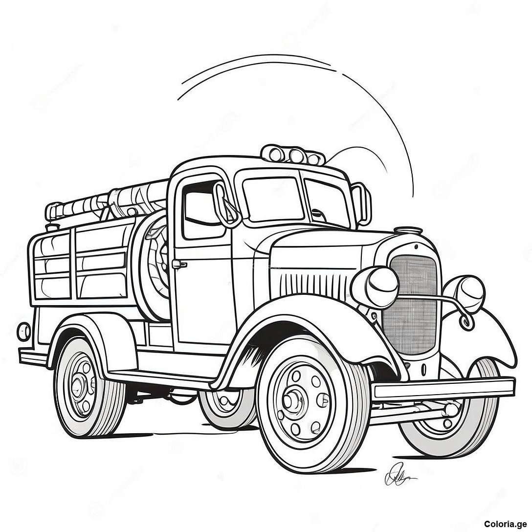Page à colorier Page À Colorier De Camion De Pompier Vintage imprimable gratuitement de la collection Machines — dessin en noir et blanc pour enfants et adultes.