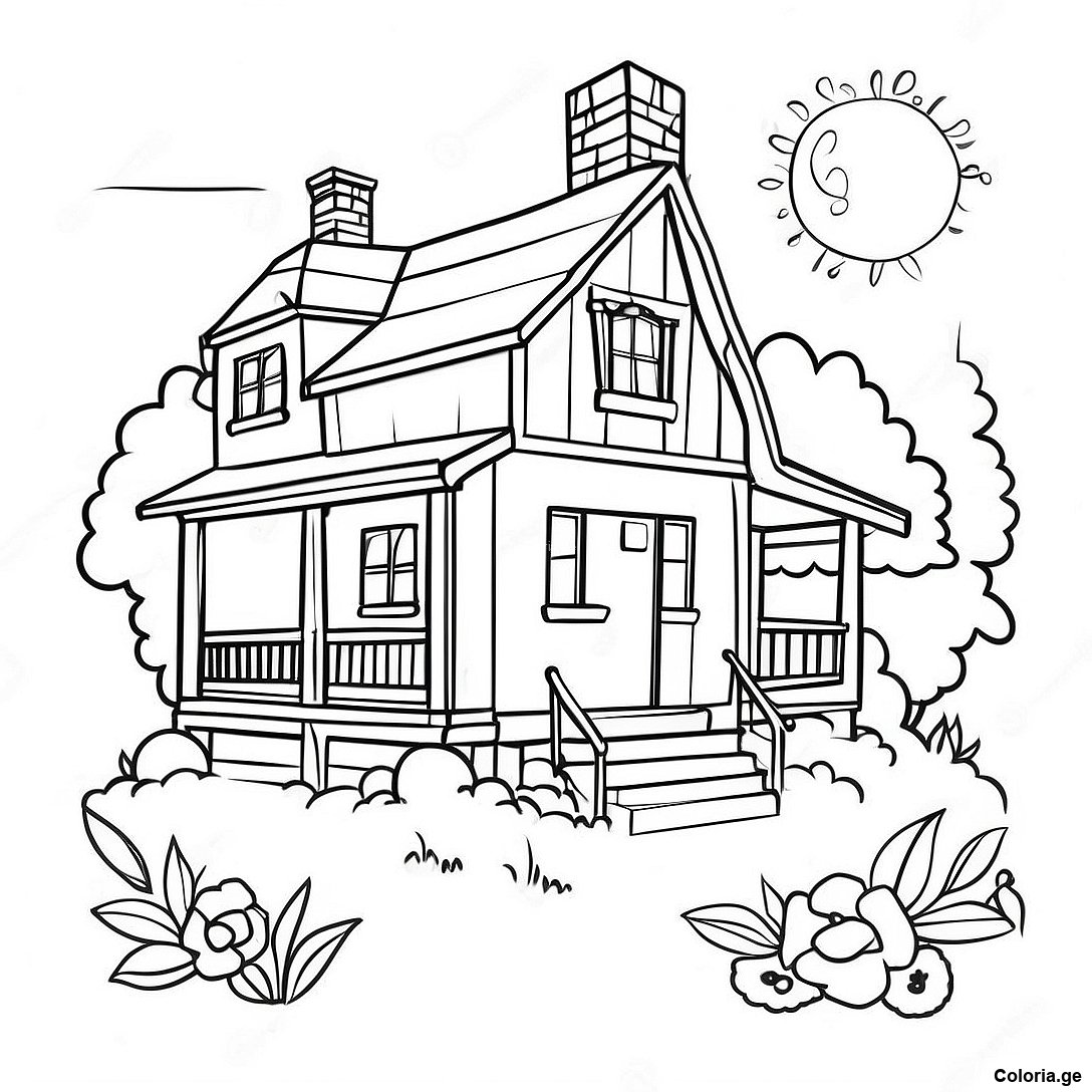 Page à colorier Page À Colorier De Ferme Cottage Rustique imprimable gratuitement de la collection Divers — dessin en noir et blanc pour enfants et adultes.