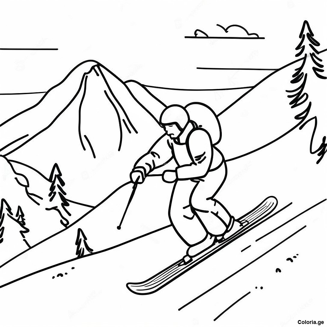 Page à colorier Page À Colorier De Ski En Montagne Enneigée imprimable gratuitement de la collection Sports — dessin en noir et blanc pour enfants et adultes.