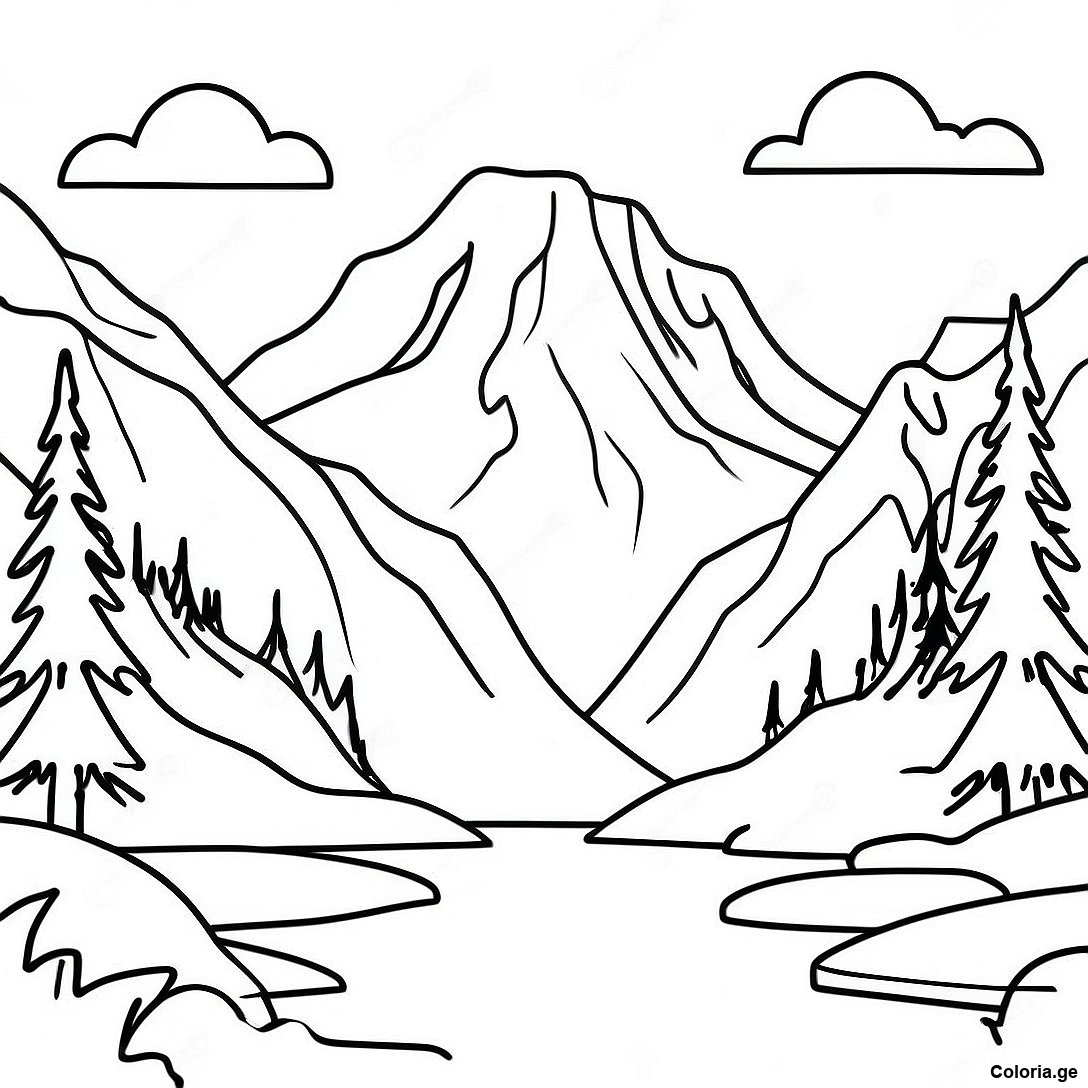 Page à colorier Page À Colorier Des Majestueuses Montagnes Du Parc National imprimable gratuitement de la collection Nature — dessin en noir et blanc pour enfants et adultes.