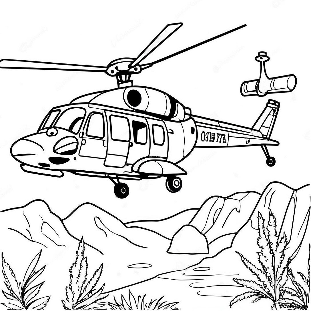 Page à colorier Page À Colorier D'hélicoptère Militaire Réaliste imprimable gratuitement de la collection Machines — dessin en noir et blanc pour enfants et adultes.