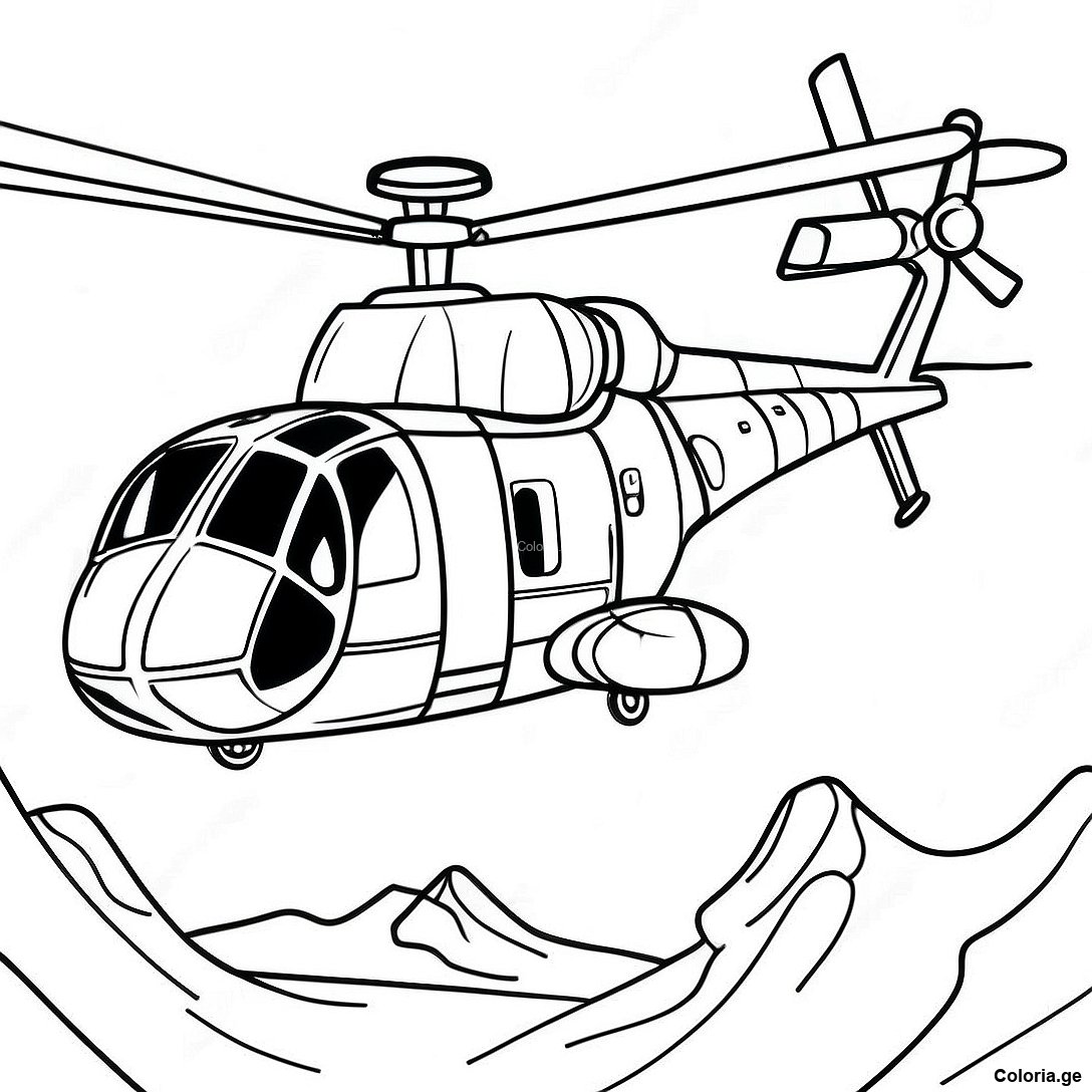 Page à colorier Page À Colorier D'hélicoptère Militaire Réaliste imprimable gratuitement de la collection Machines — dessin en noir et blanc pour enfants et adultes.