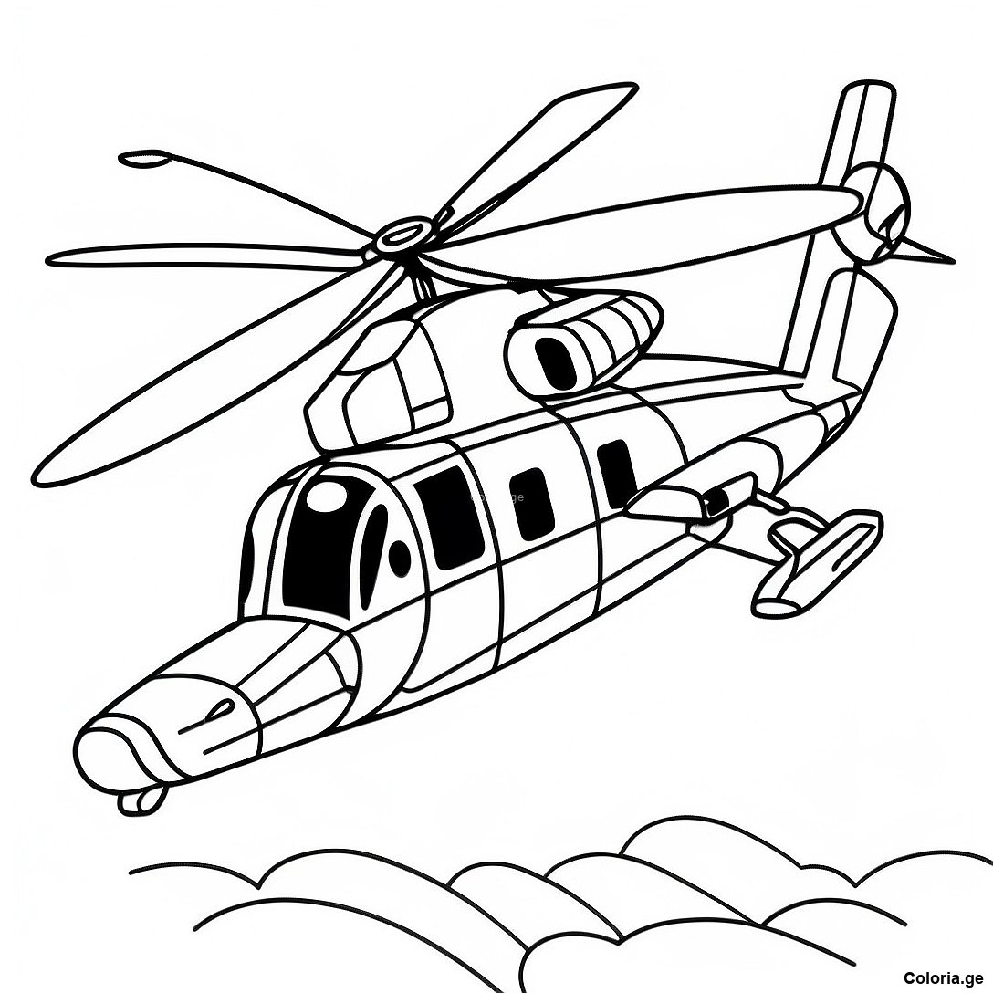 Page à colorier Page À Colorier D'hélicoptère Militaire Réaliste imprimable gratuitement de la collection Machines — dessin en noir et blanc pour enfants et adultes.