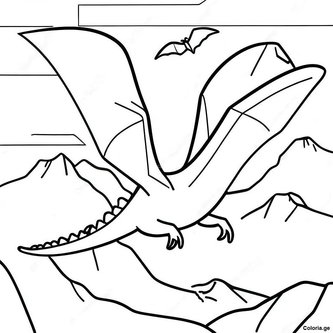 Page à colorier Page À Colorier D'un Ptérodactyle Majestueux Volant Au-Dessus Des Montagnes imprimable gratuitement de la collection Dinosaurs — dessin en noir et blanc pour enfants et adultes.