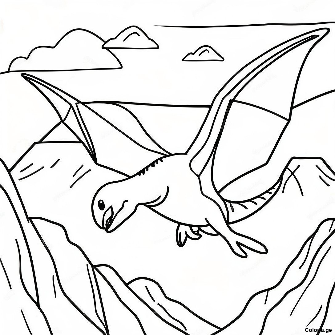 Page à colorier Page À Colorier D'un Ptérodactyle Majestueux Volant Au-Dessus Des Montagnes imprimable gratuitement de la collection Dinosaurs — dessin en noir et blanc pour enfants et adultes.