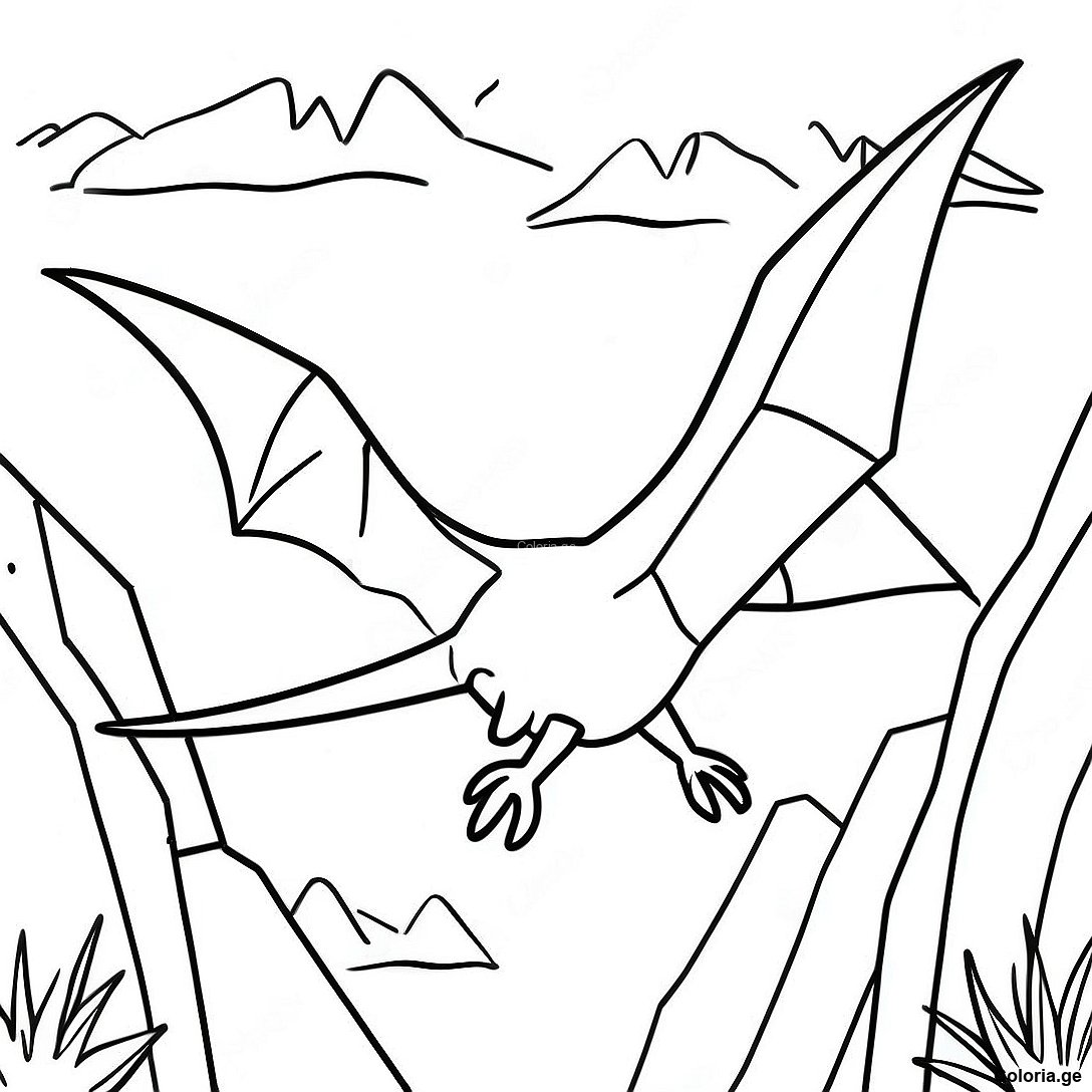 Page à colorier Page À Colorier D'un Ptérodactyle Majestueux Volant Au-Dessus Des Montagnes imprimable gratuitement de la collection Dinosaurs — dessin en noir et blanc pour enfants et adultes.