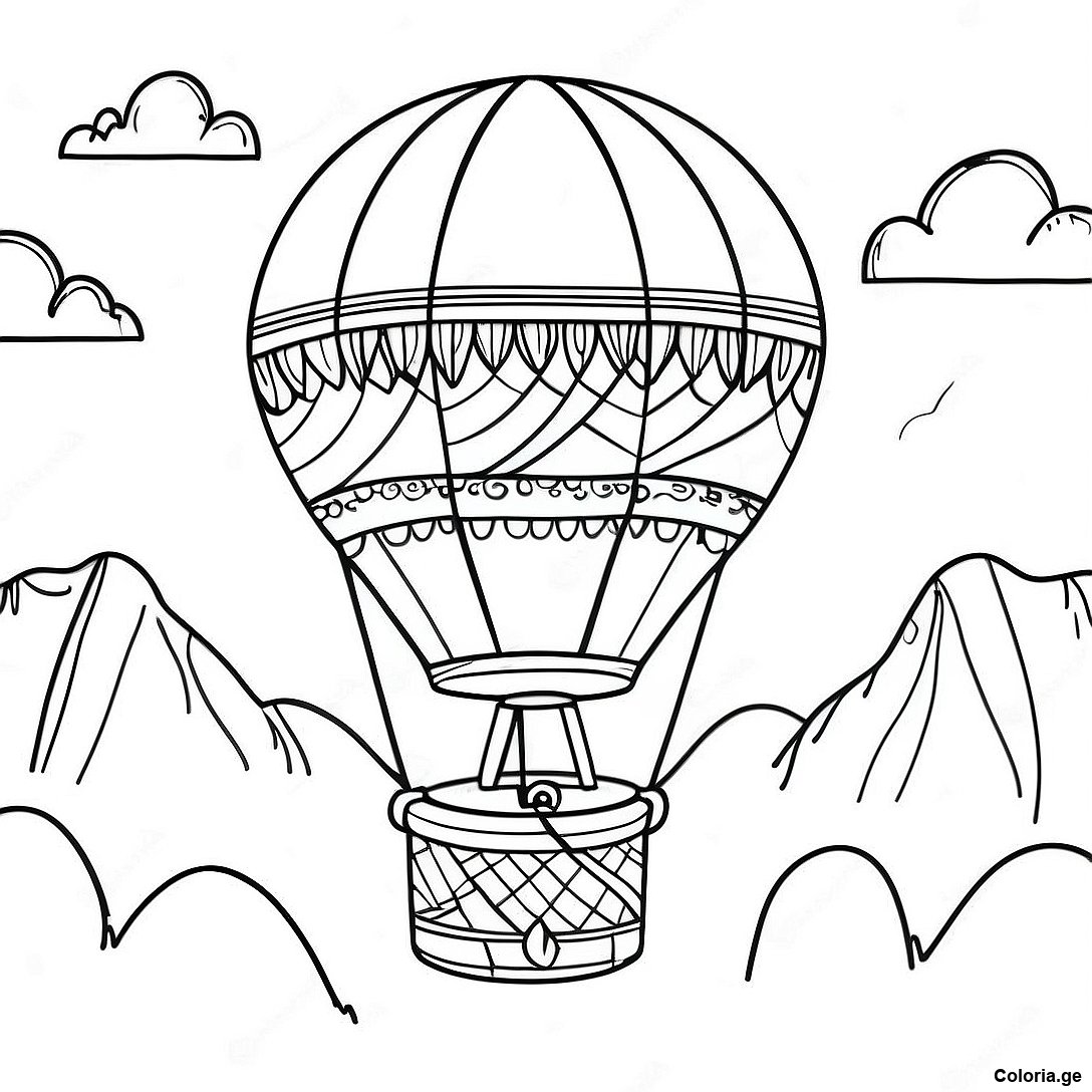 Page à colorier Page À Colorier D'une Montgolfière Vintage Flottant Au-Dessus Des Montagnes imprimable gratuitement de la collection Machines — dessin en noir et blanc pour enfants et adultes.