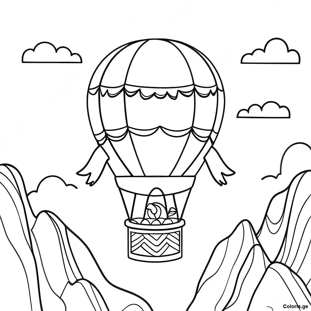 Page à colorier Page À Colorier D'une Montgolfière Vintage Flottant Au-Dessus Des Montagnes imprimable gratuitement de la collection Machines — dessin en noir et blanc pour enfants et adultes.