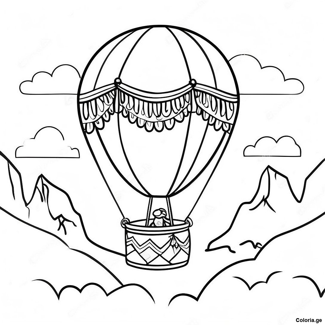 Page à colorier Page À Colorier D'une Montgolfière Vintage Flottant Au-Dessus Des Montagnes imprimable gratuitement de la collection Machines — dessin en noir et blanc pour enfants et adultes.