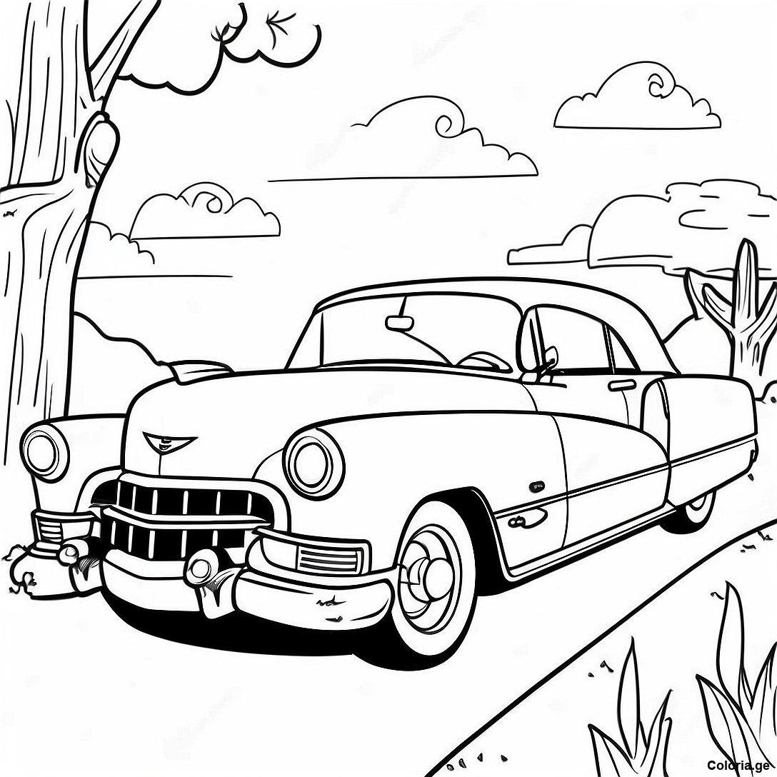 Page à colorier Page De Coloriage Cadillac Vintage Dans Un Paysage Scénique imprimable gratuitement de la collection Voitures — dessin en noir et blanc pour enfants et adultes.