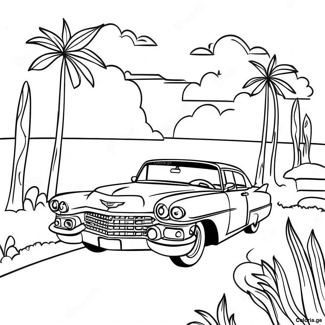 Page à colorier Page De Coloriage Cadillac Vintage Dans Un Paysage Scénique imprimable gratuitement de la collection Voitures — dessin en noir et blanc pour enfants et adultes.