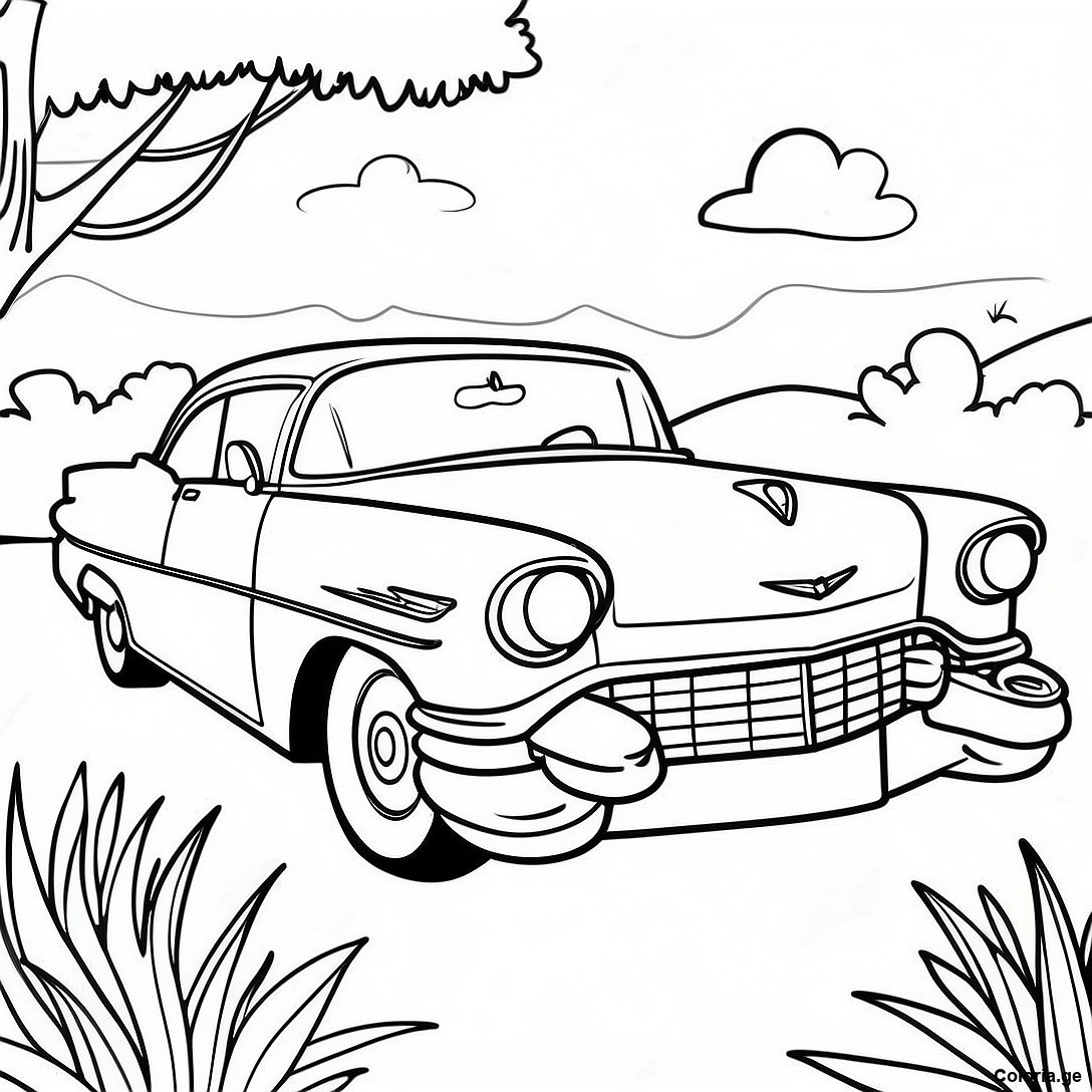 Page à colorier Page De Coloriage Cadillac Vintage Dans Un Paysage Scénique imprimable gratuitement de la collection Voitures — dessin en noir et blanc pour enfants et adultes.