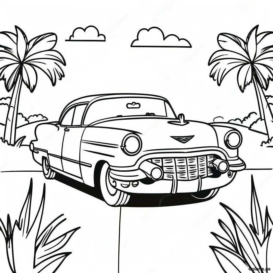 Page à colorier Page De Coloriage Cadillac Vintage Dans Un Paysage Scénique imprimable gratuitement de la collection Voitures — dessin en noir et blanc pour enfants et adultes.