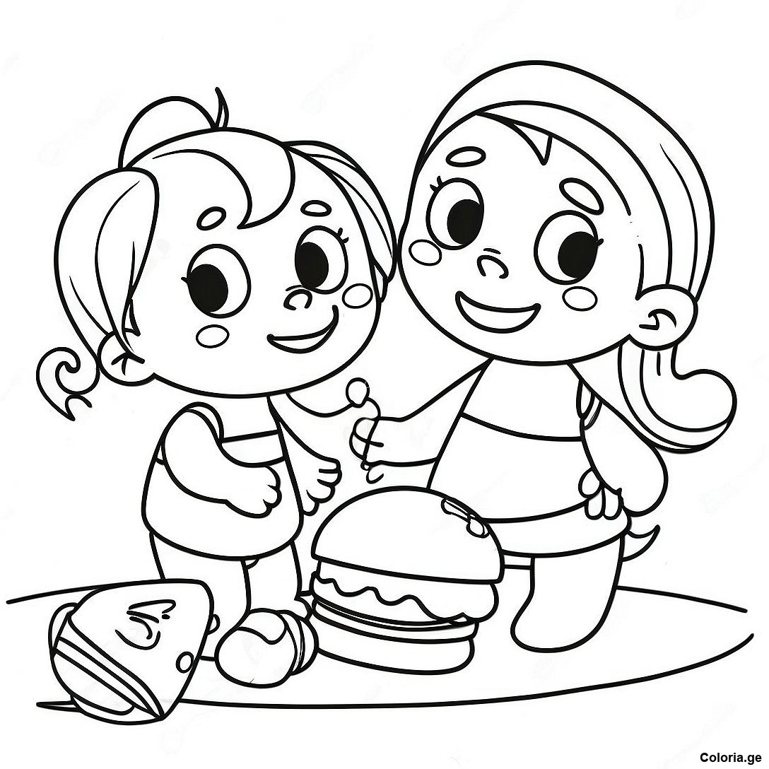 Page à colorier Page De Coloriage D'amis Attentionnés Partageant Des Jouets imprimable gratuitement de la collection Divers — dessin en noir et blanc pour enfants et adultes.