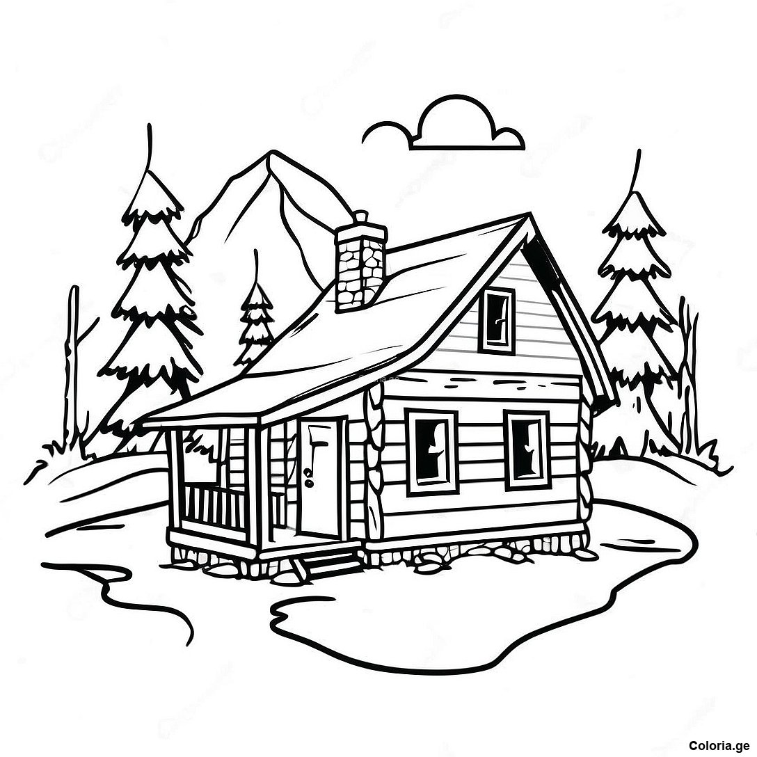 Page à colorier Page De Coloriage De Cabane De Montagne Rustique imprimable gratuitement de la collection Nature — dessin en noir et blanc pour enfants et adultes.