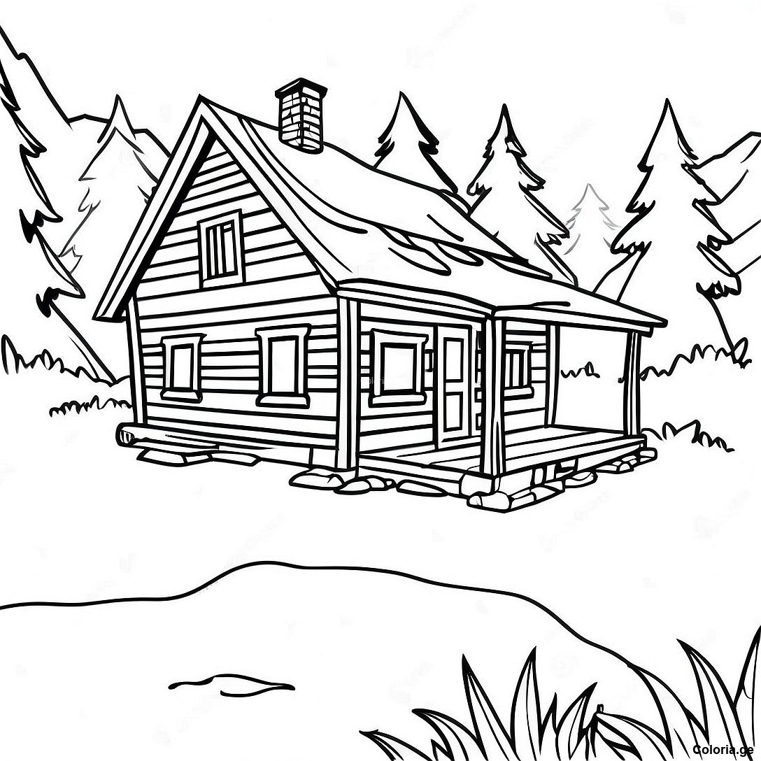 Page à colorier Page De Coloriage De Cabane De Montagne Rustique imprimable gratuitement de la collection Nature — dessin en noir et blanc pour enfants et adultes.