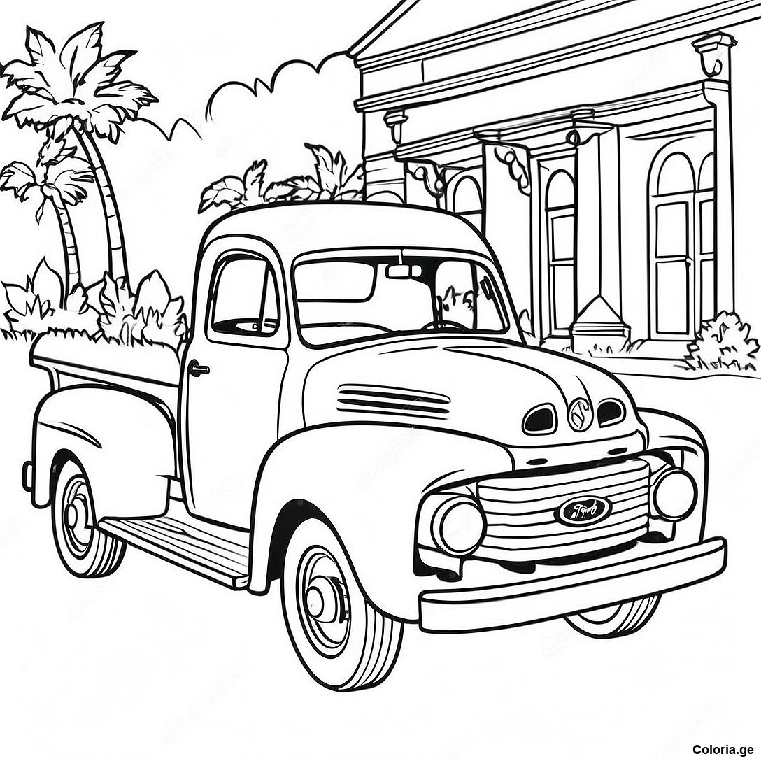 Page à colorier Page De Coloriage De Camion Ford Vintage imprimable gratuitement de la collection Voitures — dessin en noir et blanc pour enfants et adultes.