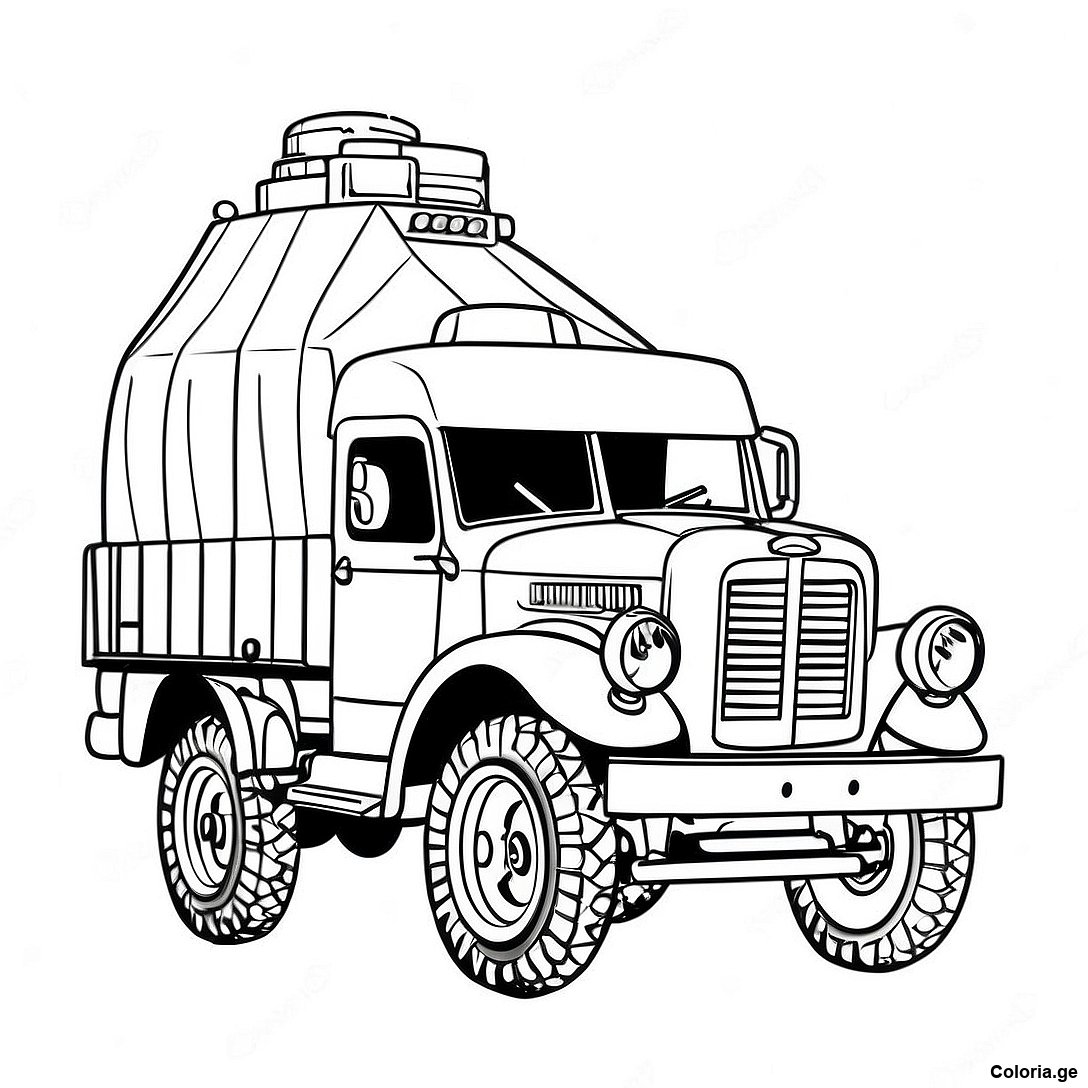Page à colorier Page De Coloriage De Camion Militaire Vintage imprimable gratuitement de la collection Machines — dessin en noir et blanc pour enfants et adultes.