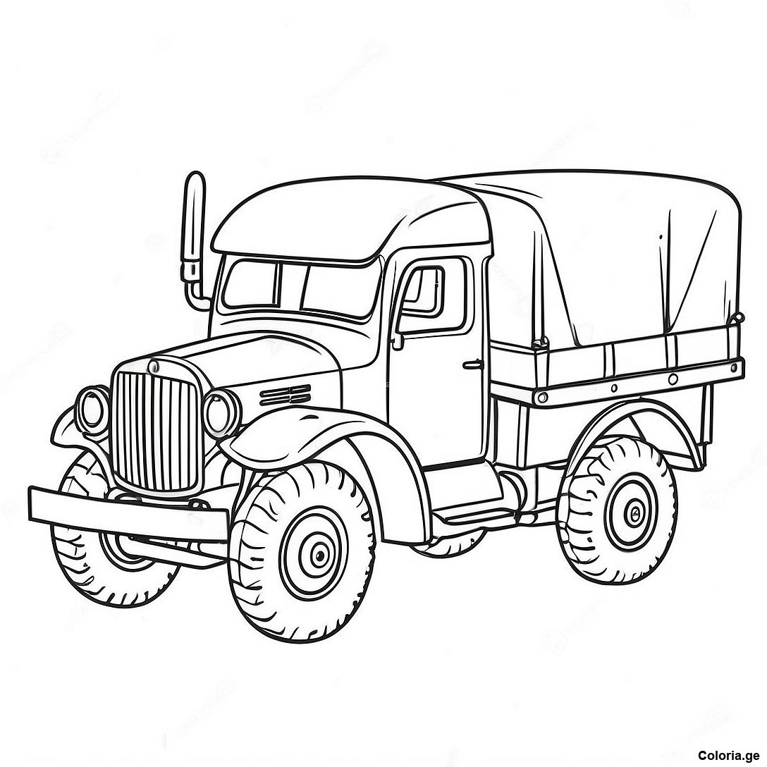 Page à colorier Page De Coloriage De Camion Militaire Vintage imprimable gratuitement de la collection Machines — dessin en noir et blanc pour enfants et adultes.