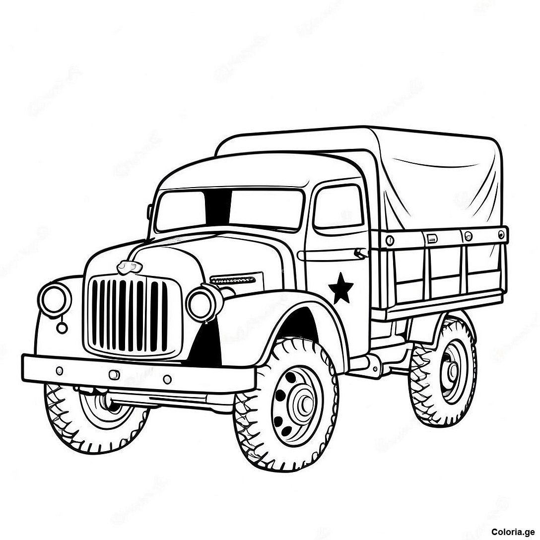 Page à colorier Page De Coloriage De Camion Militaire Vintage imprimable gratuitement de la collection Machines — dessin en noir et blanc pour enfants et adultes.