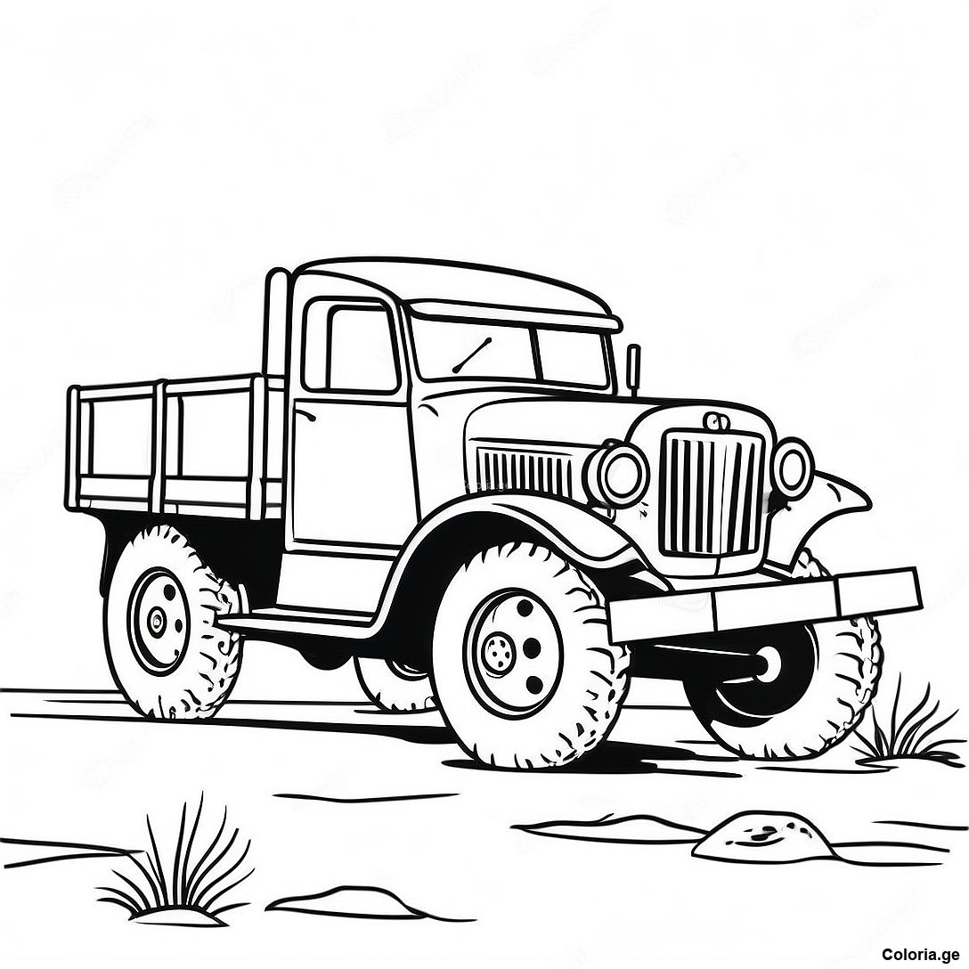 Page à colorier Page De Coloriage De Camion Militaire Vintage imprimable gratuitement de la collection Machines — dessin en noir et blanc pour enfants et adultes.