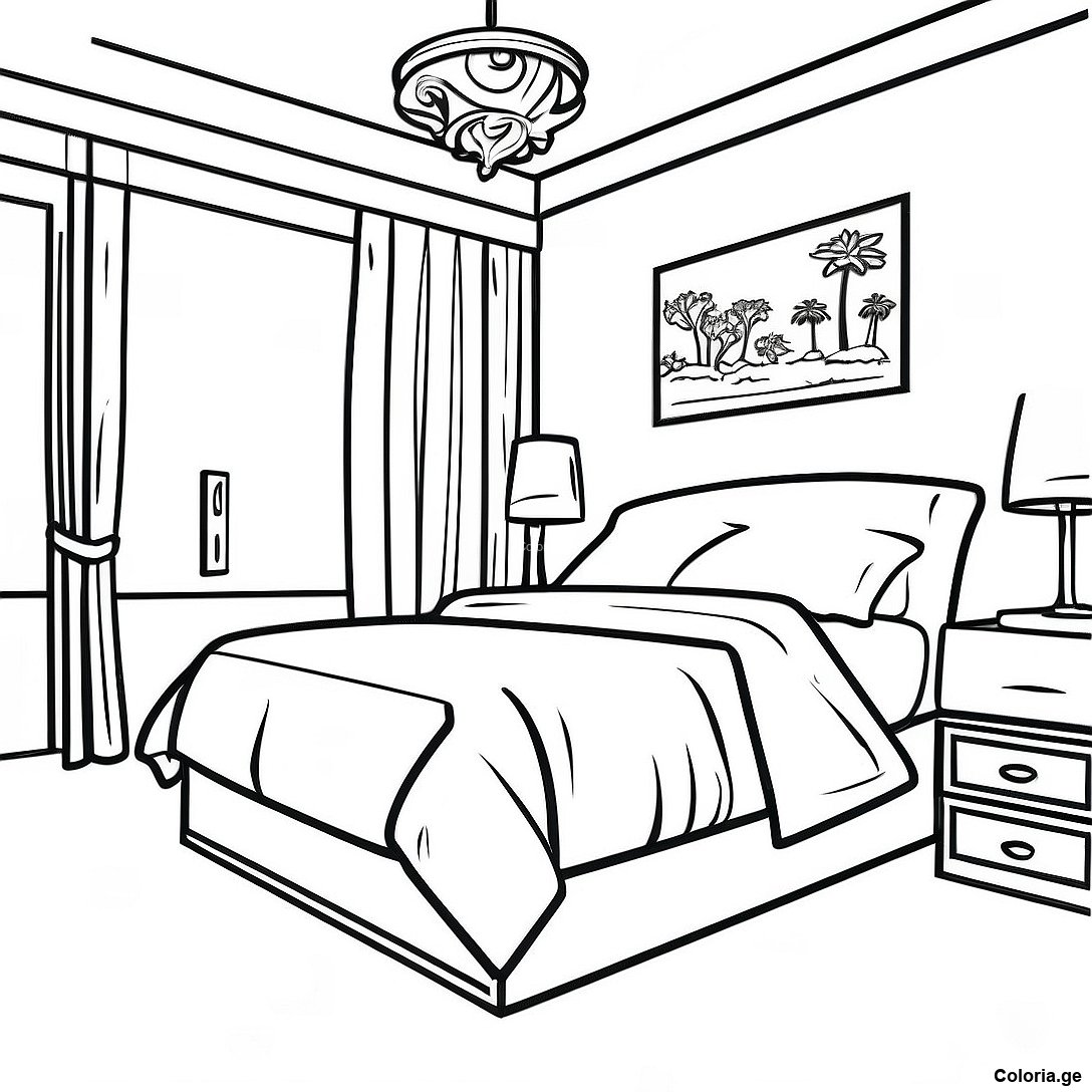 Page à colorier Page De Coloriage De Chambre Réaliste Moderne imprimable gratuitement de la collection Divers — dessin en noir et blanc pour enfants et adultes.