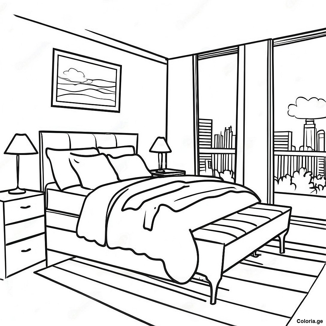Page à colorier Page De Coloriage De Chambre Réaliste Moderne imprimable gratuitement de la collection Divers — dessin en noir et blanc pour enfants et adultes.
