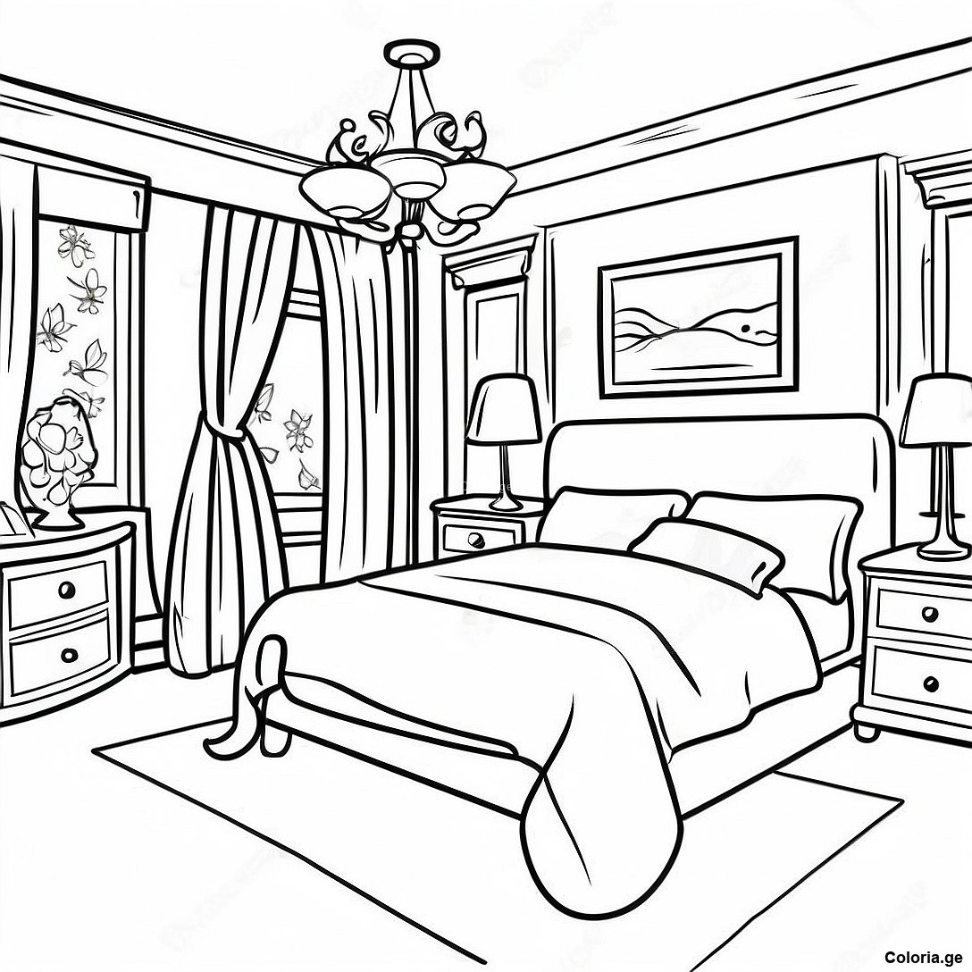 Page à colorier Page De Coloriage De Chambre Réaliste Spacieuse imprimable gratuitement de la collection Divers — dessin en noir et blanc pour enfants et adultes.