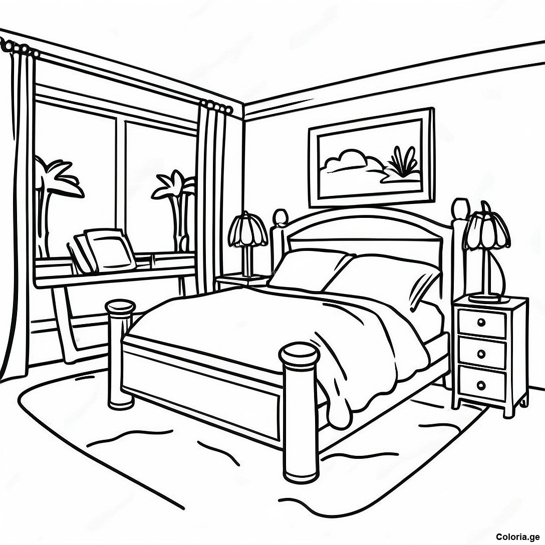 Page à colorier Page De Coloriage De Chambre Réaliste Spacieuse imprimable gratuitement de la collection Divers — dessin en noir et blanc pour enfants et adultes.