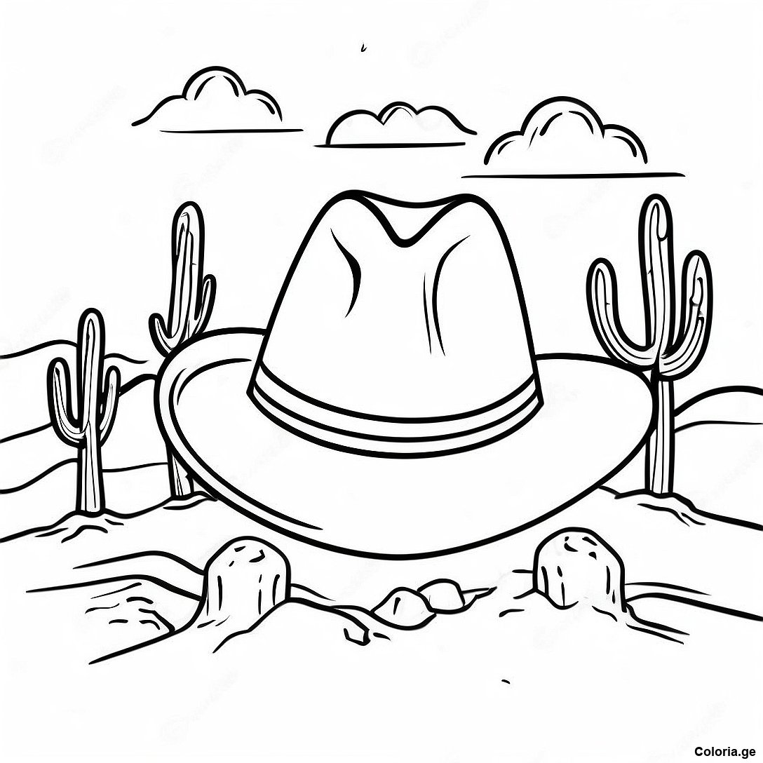Page à colorier Page De Coloriage De Chapeau De Cowboy Vintage Dans Une Scène Désertique imprimable gratuitement de la collection Divers — dessin en noir et blanc pour enfants et adultes.