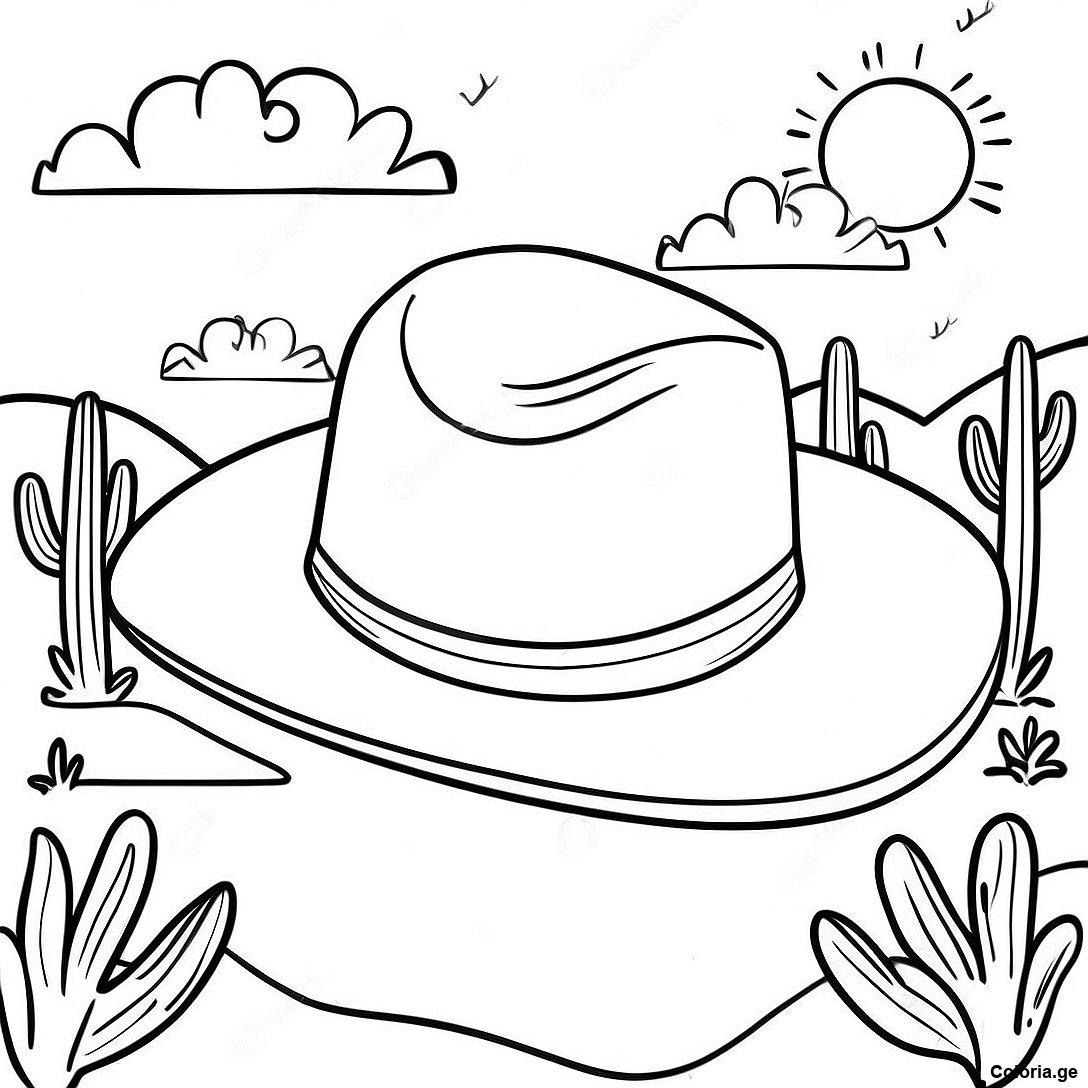 Page à colorier Page De Coloriage De Chapeau De Cowboy Vintage Dans Une Scène Désertique imprimable gratuitement de la collection Divers — dessin en noir et blanc pour enfants et adultes.