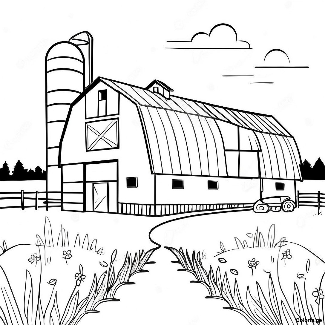 Page à colorier Page De Coloriage De Grange Vintage Avec Silos imprimable gratuitement de la collection Nature — dessin en noir et blanc pour enfants et adultes.