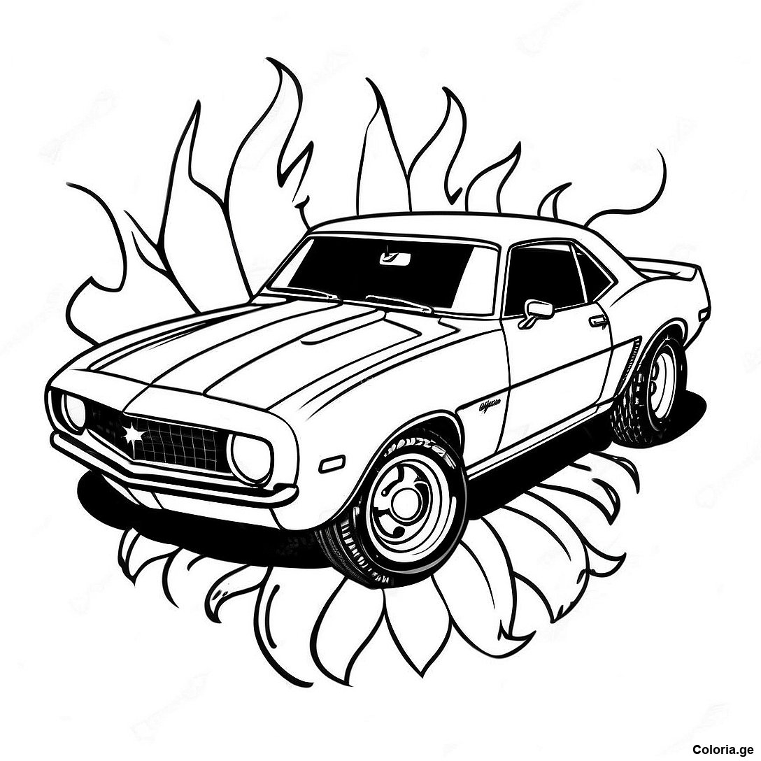 Page à colorier Page De Coloriage De La Camaro Vintage Avec Des Flammes imprimable gratuitement de la collection Voitures — dessin en noir et blanc pour enfants et adultes.