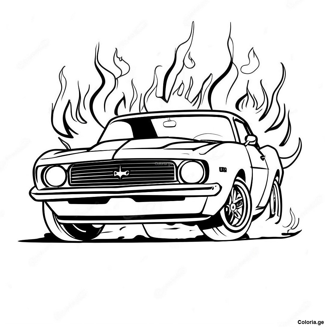 Page à colorier Page De Coloriage De La Camaro Vintage Avec Des Flammes imprimable gratuitement de la collection Voitures — dessin en noir et blanc pour enfants et adultes.
