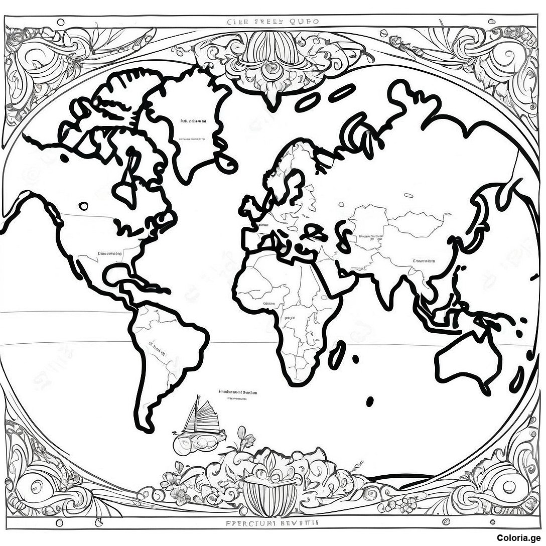 Page à colorier Page De Coloriage De La Carte Du Monde Vintage imprimable gratuitement de la collection Divers — dessin en noir et blanc pour enfants et adultes.