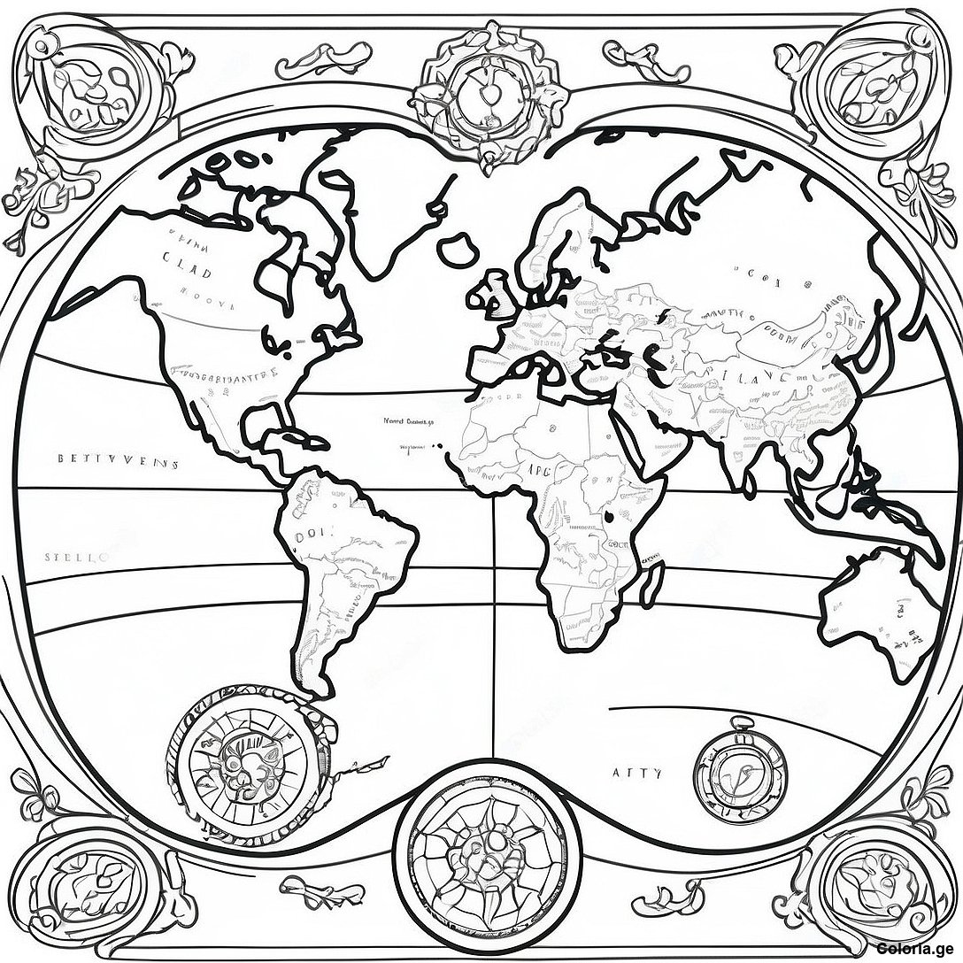 Page à colorier Page De Coloriage De La Carte Du Monde Vintage imprimable gratuitement de la collection Divers — dessin en noir et blanc pour enfants et adultes.