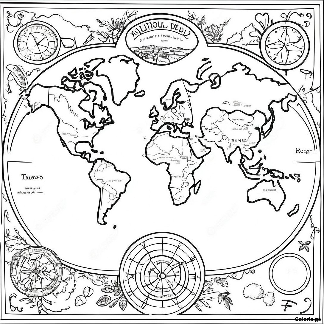 Page à colorier Page De Coloriage De La Carte Du Monde Vintage imprimable gratuitement de la collection Divers — dessin en noir et blanc pour enfants et adultes.