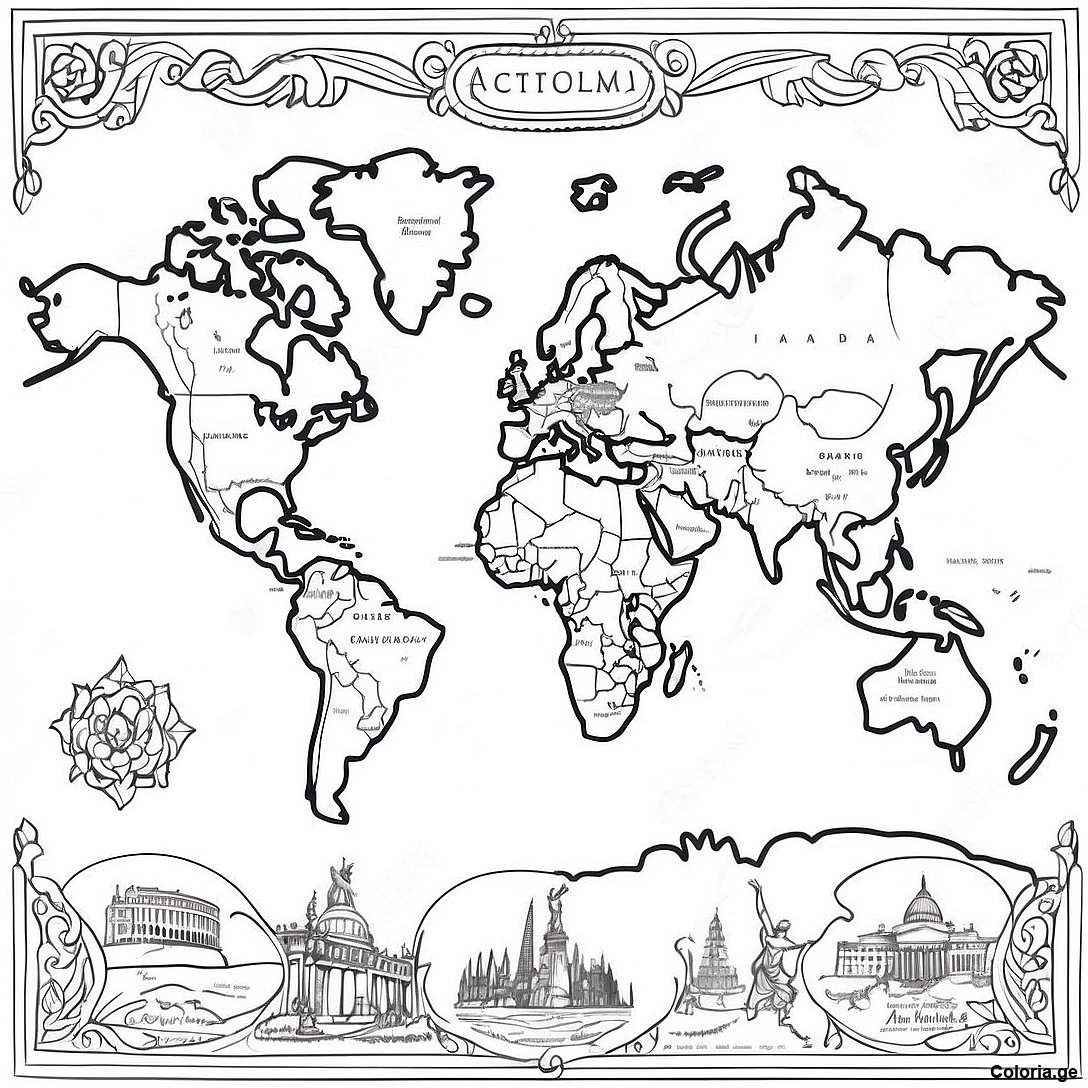 Page à colorier Page De Coloriage De La Carte Du Monde Vintage imprimable gratuitement de la collection Divers — dessin en noir et blanc pour enfants et adultes.