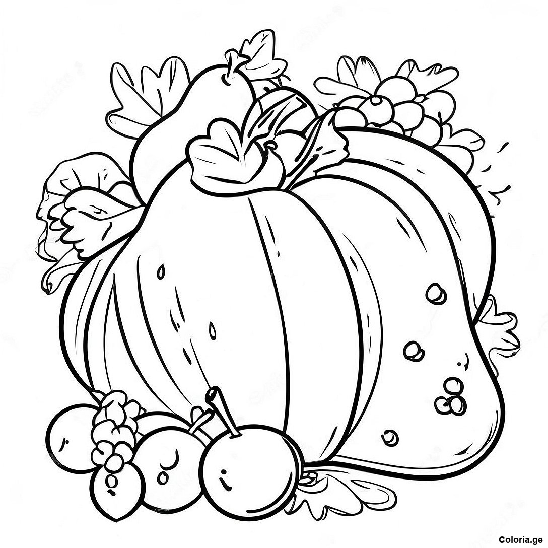 Page à colorier Page De Coloriage De La Corne D'abondance Colorée Avec Des Fruits imprimable gratuitement de la collection Automne — dessin en noir et blanc pour enfants et adultes.