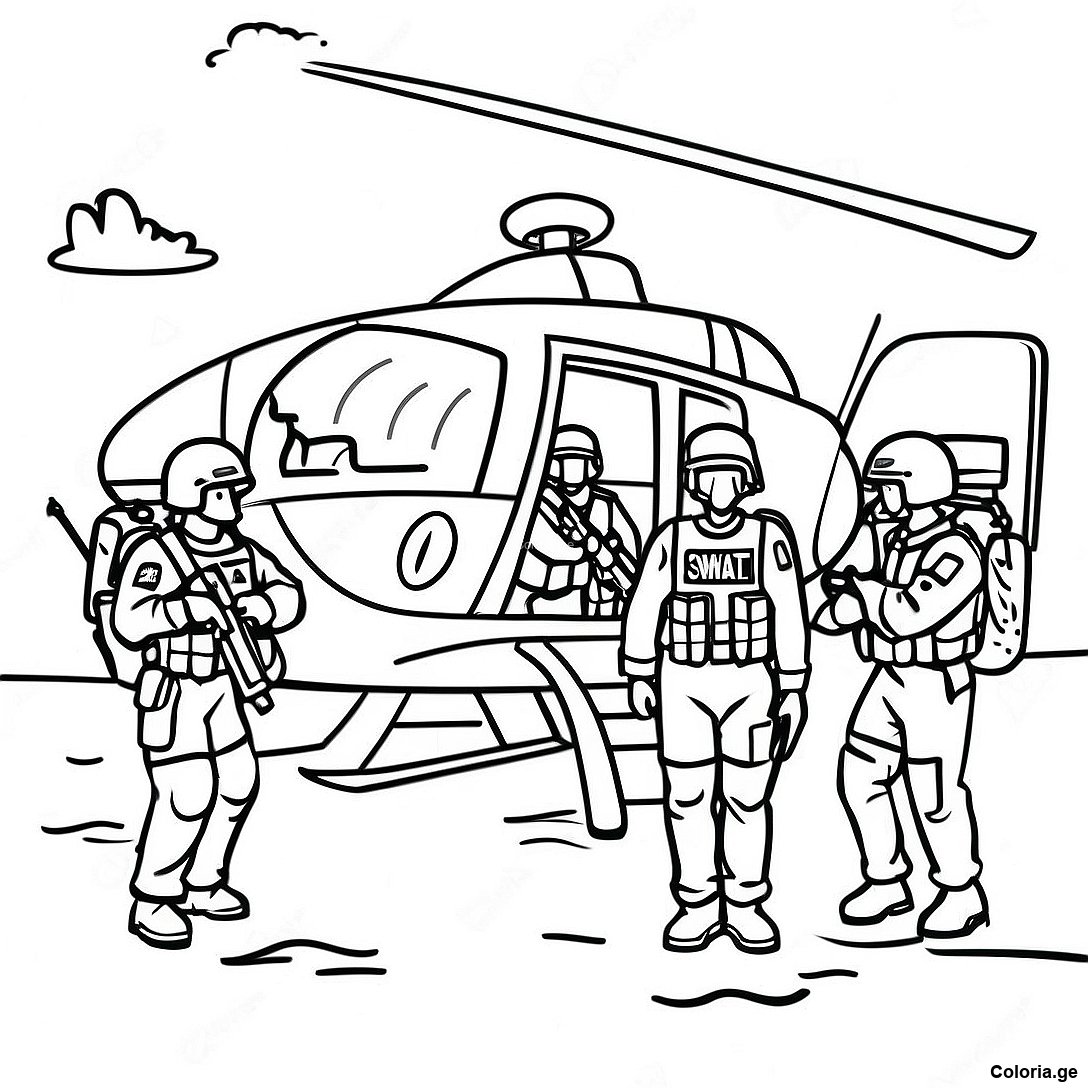 Page à colorier Page De Coloriage De La Mission De Sauvetage De L'équipe Swat imprimable gratuitement de la collection Pompier — dessin en noir et blanc pour enfants et adultes.
