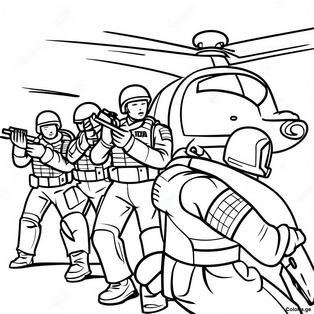 Page à colorier Page De Coloriage De La Mission De Sauvetage De L'équipe Swat imprimable gratuitement de la collection Pompier — dessin en noir et blanc pour enfants et adultes.
